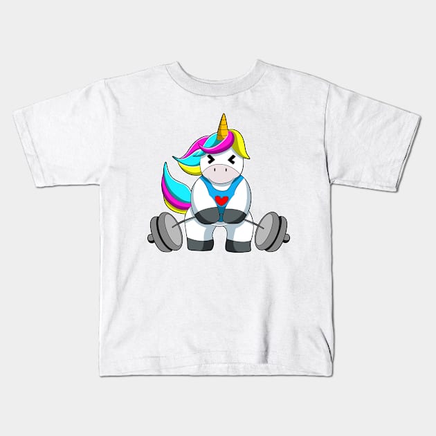 Unicorn at Strength training with Dumbbell Kids T-Shirt by Markus Schnabel